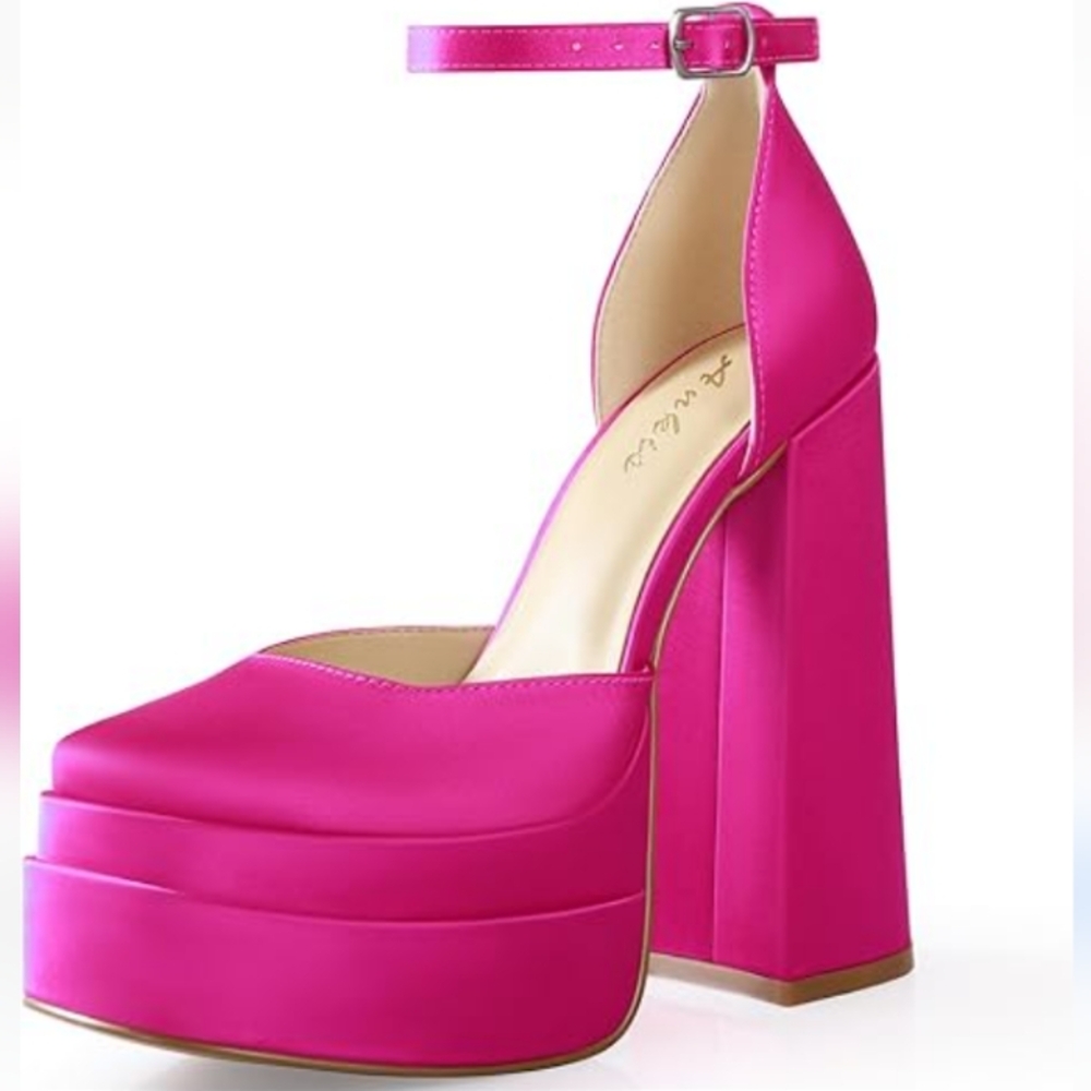 Hot Pink Platform High Heels with Thick Block Heel and Ankle Strap size 8